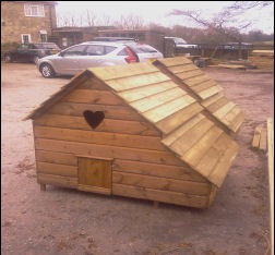 A twin-roof timber duck house