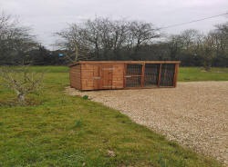 A timber shed with a mesh run alongside